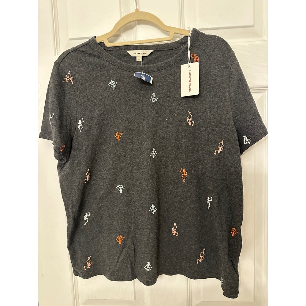 Lucky Brand Yoga Skeleton Embroidered Tee Dark Grey Charcoal Heather Large NWT